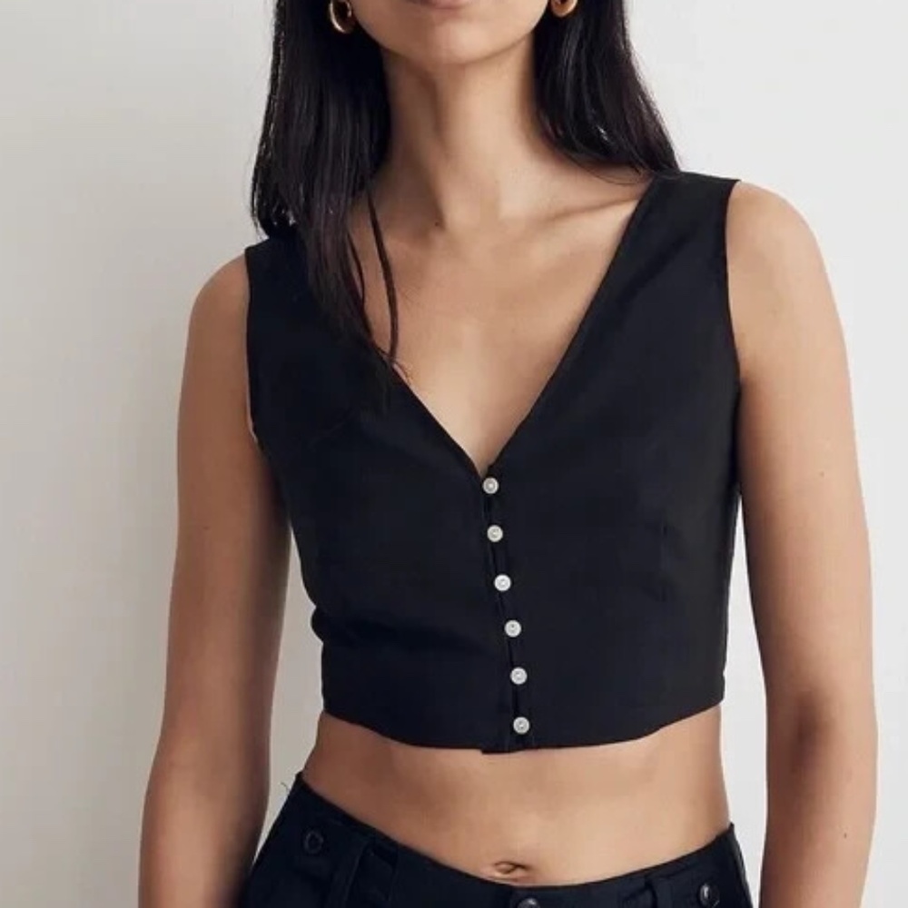 Madewell Black V-Neck Button Crop Top